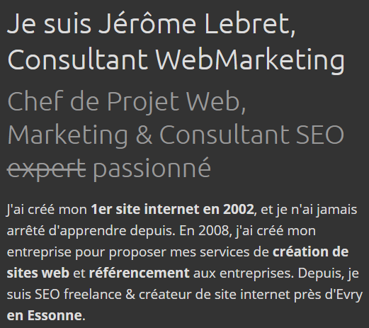 Screenshot de la page d'accueil de Jerome-LEBRET.com avec le mot "expert" barré
